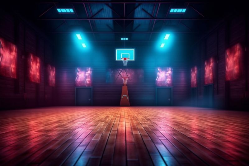 background design corridor neon empty basketball arena indoor game three-dimensional interior hall. Generative AI.
