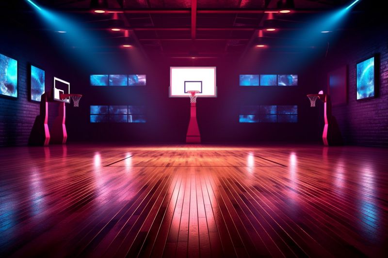 empty interior modern hall neon background basketball virtual indoor corridor game arena. Generative AI.
