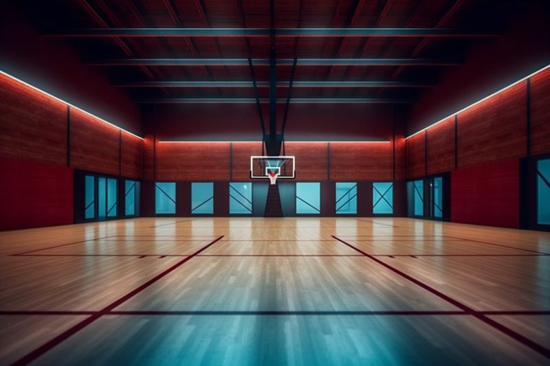 hall wall background interior corridor indoor basketball game empty neon futuristic arena. Generative AI.