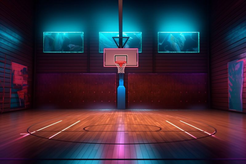corridor background empty indoor arena room hall interior basketball game net neon. Generative AI.