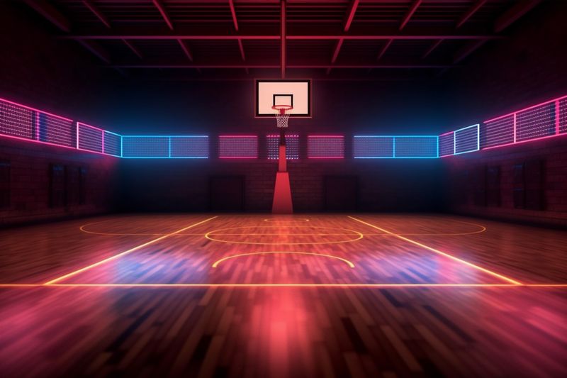neon corridor background indoor game arena interior hall dark basketball room empty. Generative AI.