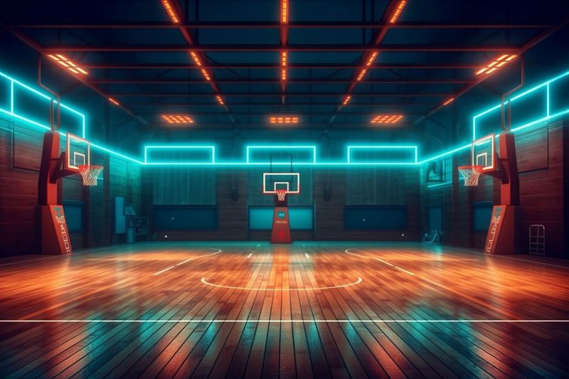empty arena game hall interior corridor virtual floor background basketball neon indoor. Generative AI.