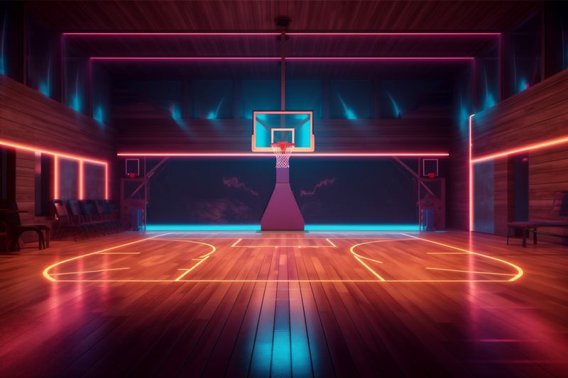 court hall interior nobody neon background empty indoor basketball game arena corridor. Generative AI.