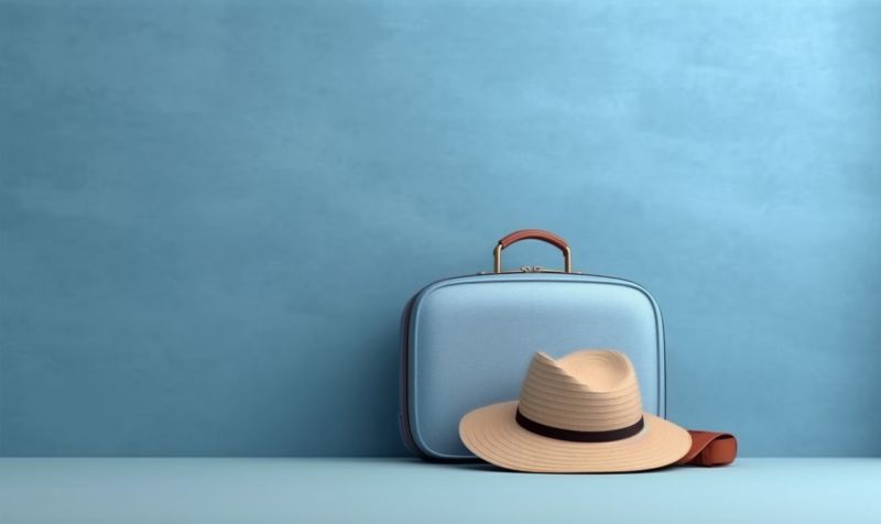 travel baggage suitcase vacation holiday background blue transportation journey trip hat. Generative AI.