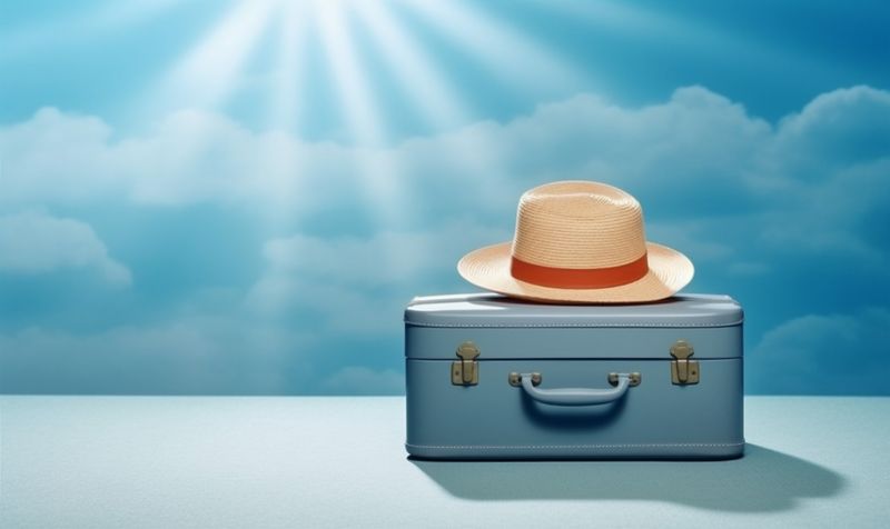 journey holiday suitcase transport blue vacation trip travel background baggage hat. Generative AI.