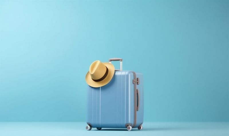 blue travel vacation object background trip holiday suitcase hat journey baggage. Generative AI.