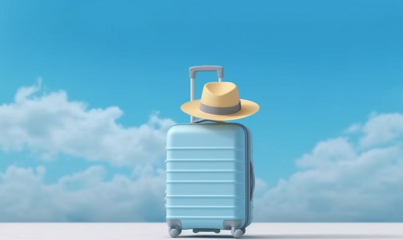 hat background blue vacation holiday suitcase trip journey travel bag baggage. Generative AI.