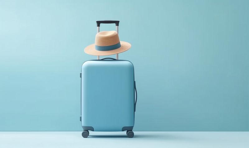 hat suitcase blue vacation background journey baggage holiday tourism trip travel. Generative AI.