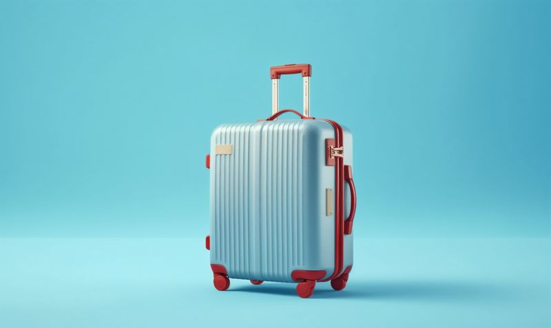 suitcase trip vacation background baggage journey blue traveler travel holiday hat. Generative AI.