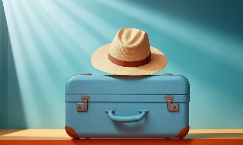 suitcase vacation journey holiday background holding baggage travel blue trip hat. Generative AI.