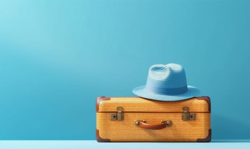 journey holiday trip travel hat baggage suitcase background airplane vacation blue. Generative AI.