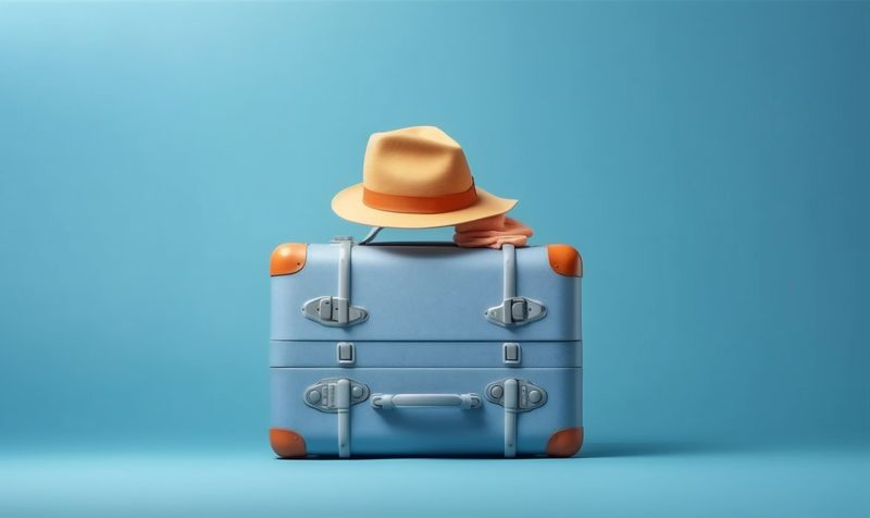 background trip suitcase vacation hat blue journey traveler travel holiday baggage. Generative AI.