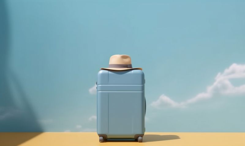 background baggage fly travel suitcase holiday hat vacation blue journey trip. Generative AI.