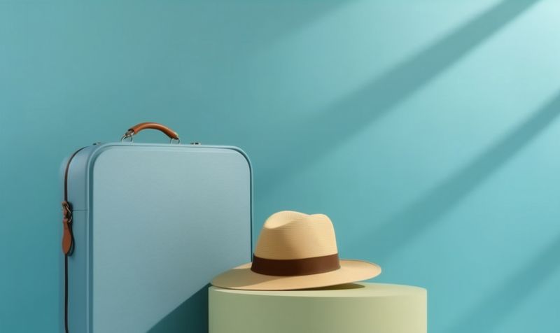 journey protection travel holiday suitcase blue trip vacation hat baggage background. Generative AI.