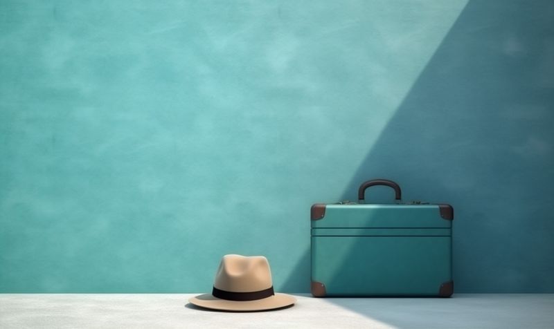large suitcase background baggage journey blue travel trip hat holiday vacation. Generative AI.