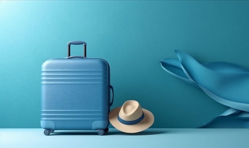 hat bag blue trip holiday background journey baggage suitcase vacation travel. Generative AI.