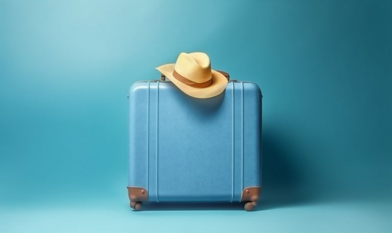 trip hat suitcase travel holiday journey blue vacation hipster baggage background. Generative AI.