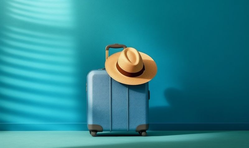 hat blue travel journey suitcase trip space holiday vacation baggage background. Generative AI.