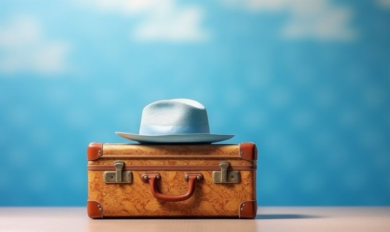 hat holiday trip vacation baggage suitcase blue background travel journey space. Generative AI.
