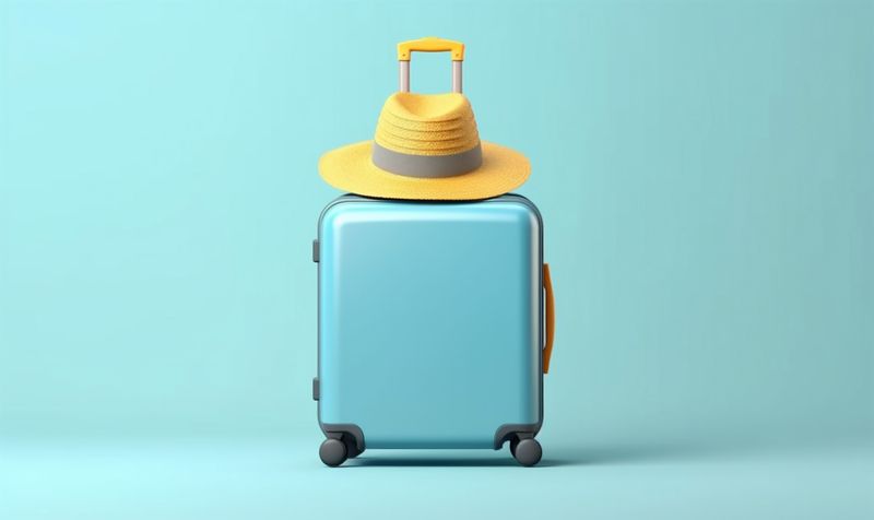 vacation background hat journey blue holiday tourism trip travel suitcase baggage. Generative AI.
