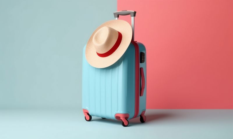 holiday air travel vacation blue trip hat suitcase journey baggage background. Generative AI.