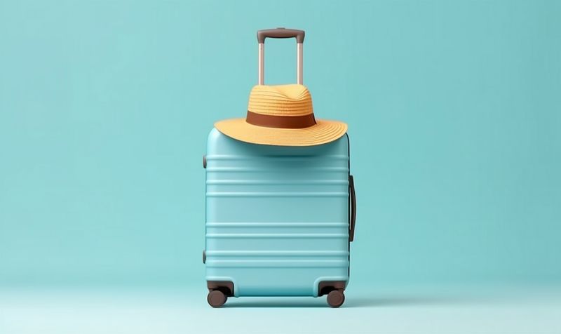background baggage travel blue journey hat suitcase holiday vacation trip yellow. Generative AI.