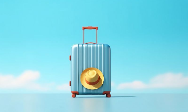 journey background hat blue vacation holiday baggage trip travel suitcase symbol. Generative AI.