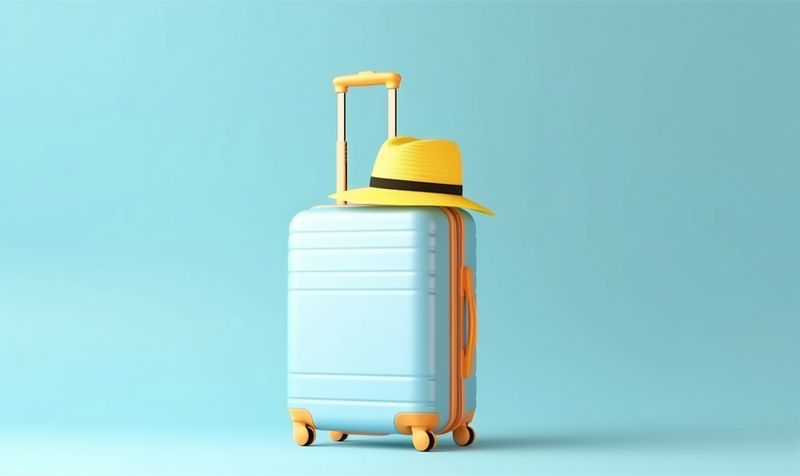 journey hat suitcase vacation blue background concept baggage holiday travel trip. Generative AI.