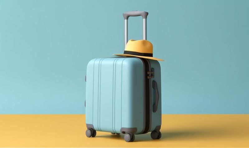 journey travel holiday blue suitcase hat background trip air vacation baggage. Generative AI.