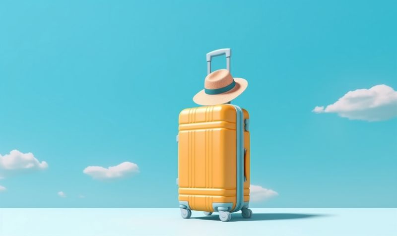 travel background baggage suitcase journey hat recreation trip blue holiday vacation. Generative AI.