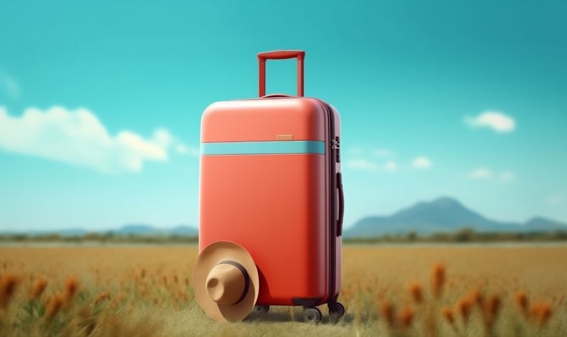 travel journey holiday hat baggage design trip background blue suitcase vacation. Generative AI.