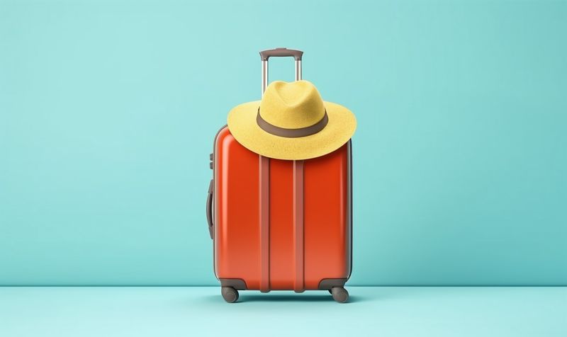 baggage hat background travel suitcase holiday blue vacation journey trip yellow. Generative AI.