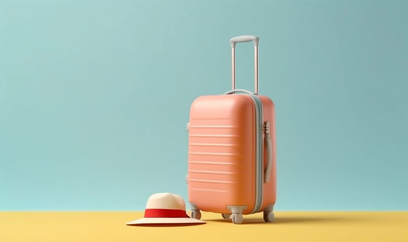 blue vacation sunscreen background journey baggage holiday hat suitcase trip travel. Generative AI.