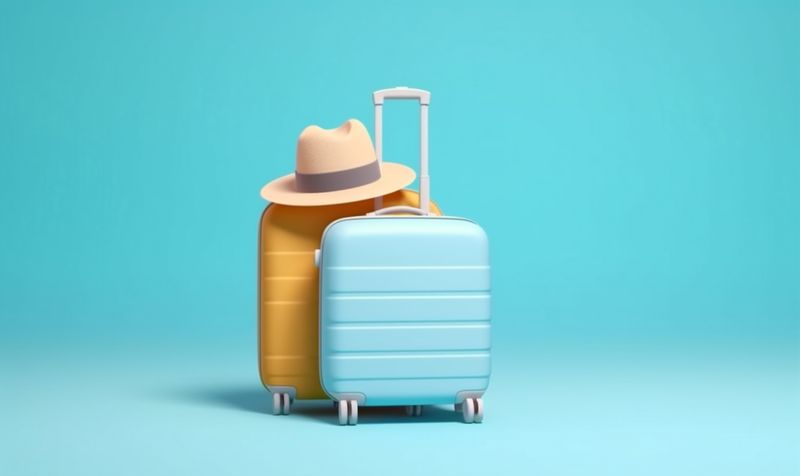 mockup hat vacation trip suitcase blue background holiday journey travel baggage. Generative AI.