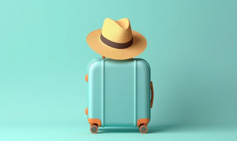 travel vacation holiday hat suitcase baggage background blue journey trip large. Generative AI.