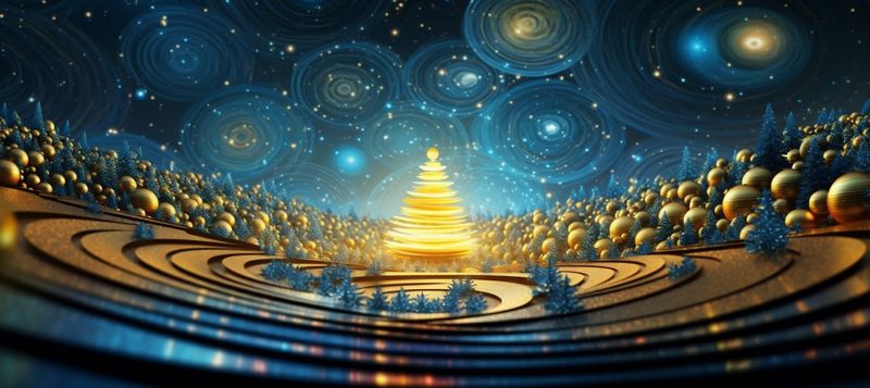 tree decoration celebration poster gold background ball christmas holiday toy blue. Generative AI.