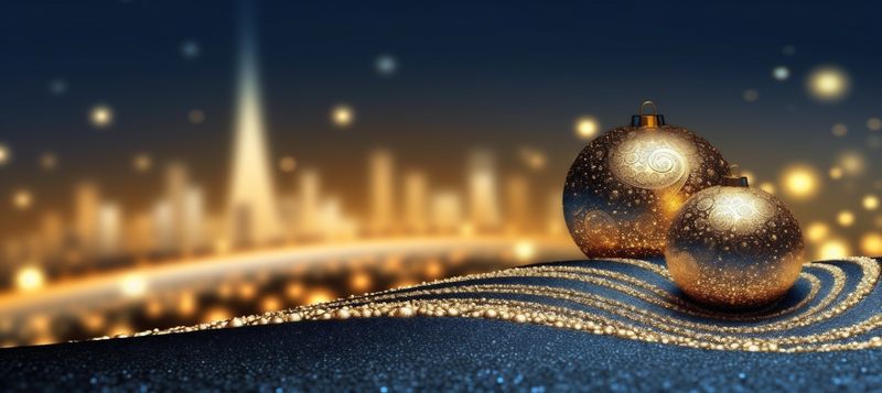 ball tree decoration holiday blue toy poster gold background christmas star. Generative AI.