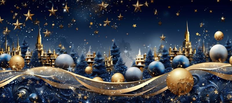 background christmas toy gold blue winter holiday decoration tree poster ball. Generative AI.