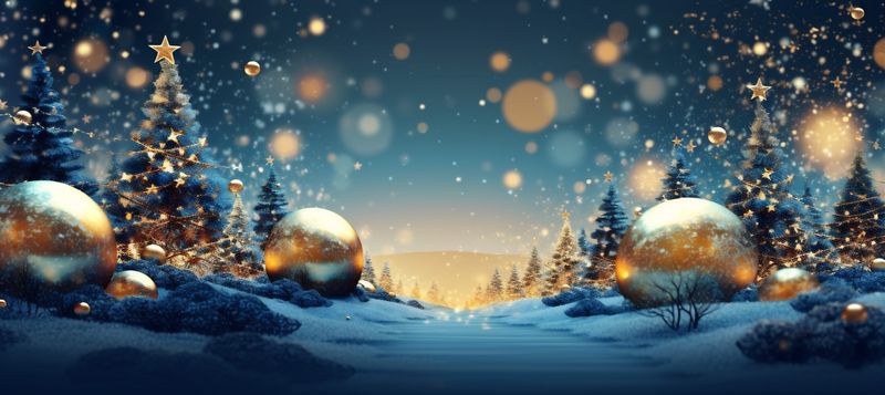 ball decoration decorative poster toy tree holiday blue gold christmas background. Generative AI.