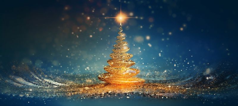 gold decoration holiday toy background blue silver christmas tree ball poster. Generative AI.