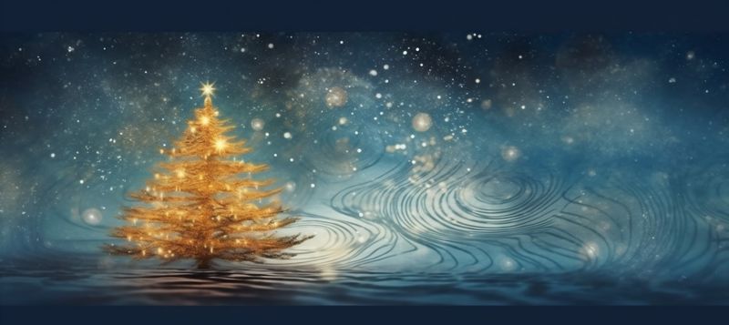 gold decoration spruce ball christmas holiday tree background poster blue toy. Generative AI.