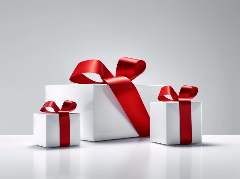 surprise ribbon box white gift package christmas present isolated red. Generative AI.