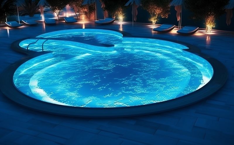 summer large water luxury swimming pool relaxation blue palm home. Generative AI.