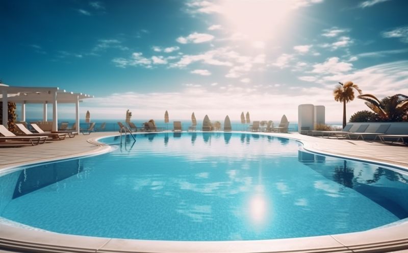 pool relaxation large palm swimming luxury water summer blue home. Generative AI.