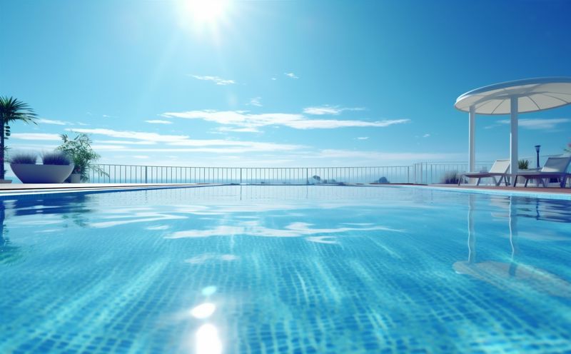 swimming home summer water blue pool relaxation luxury palm large. Generative AI.