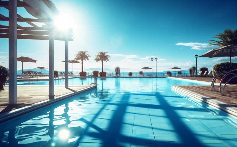 blue water swimming home pool luxury large summer relaxation palm. Generative AI.