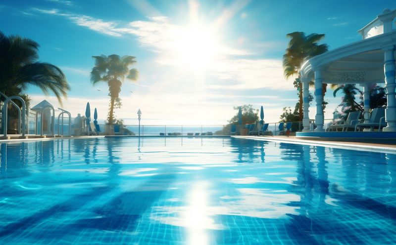 summer palm pool home swimming water relaxation blue luxury large. Generative AI.