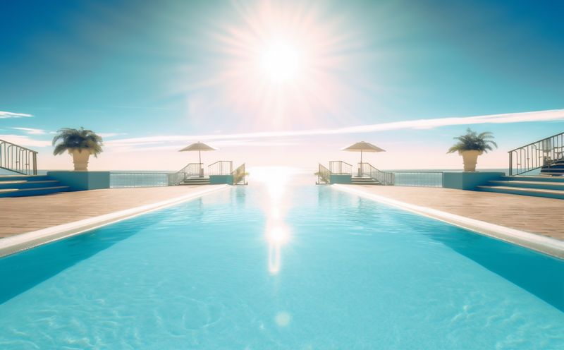 pool summer home palm luxury swimming relaxation large water blue. Generative AI.