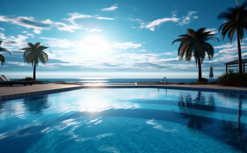 pool relaxation water home luxury swimming large palm summer blue. Generative AI.