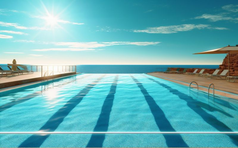 luxury relaxation home water pool large blue summer swimming palm. Generative AI.